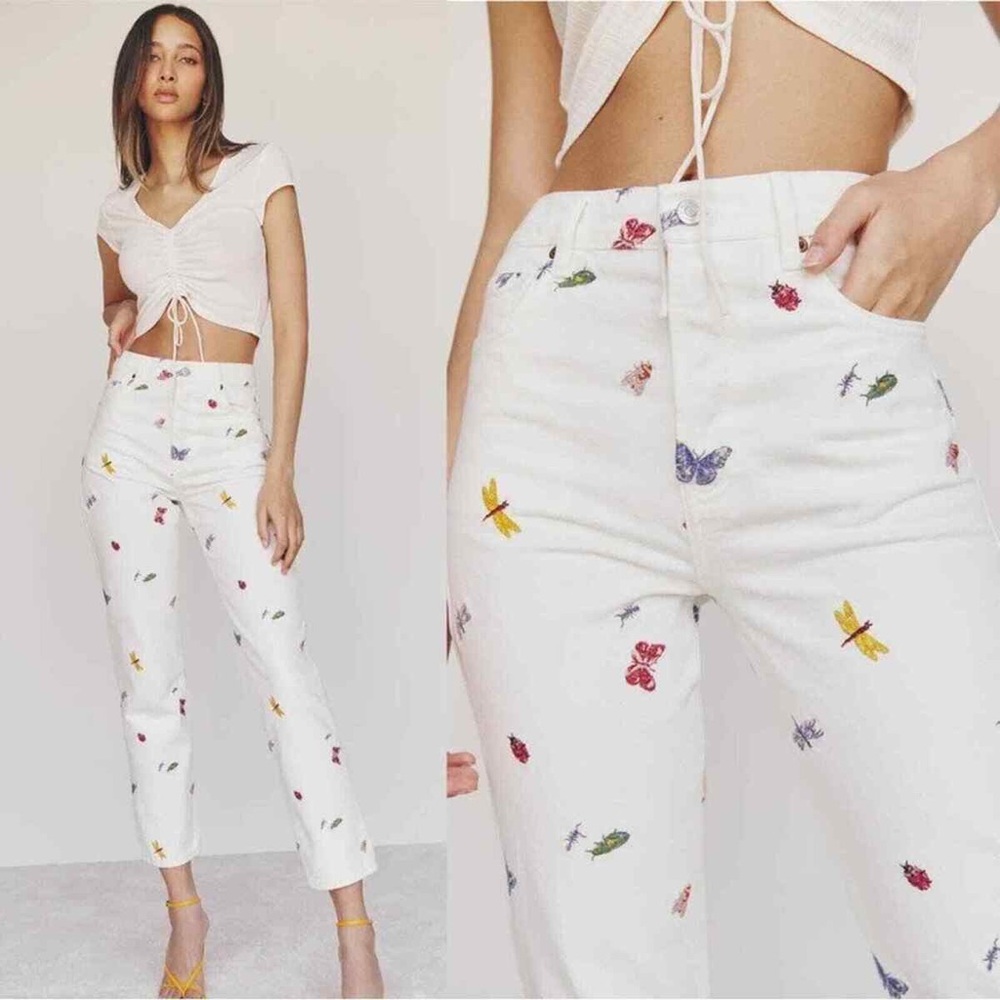 Reformation White Straight Leg Jeans with Multicolor Bug Embroidery 100% Cotton